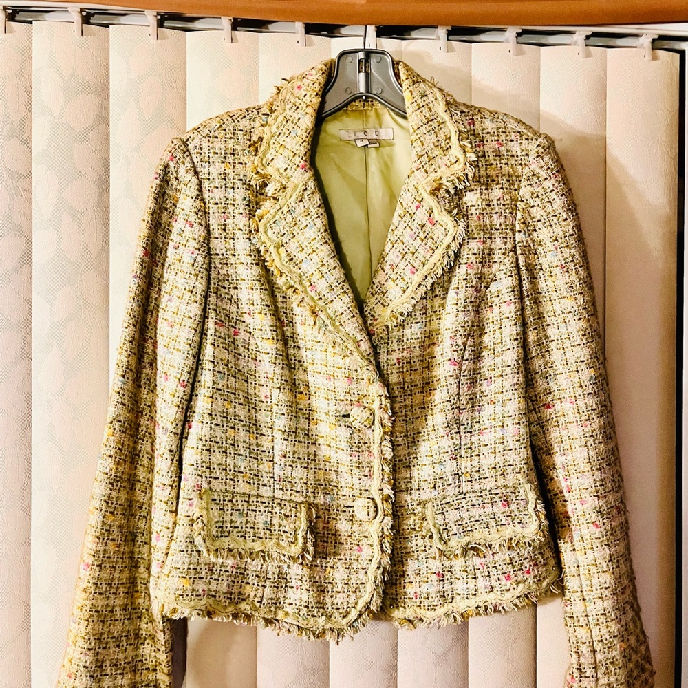 Macy's Luxury’s Cream and Green Tweed Blazer with Lace Trim